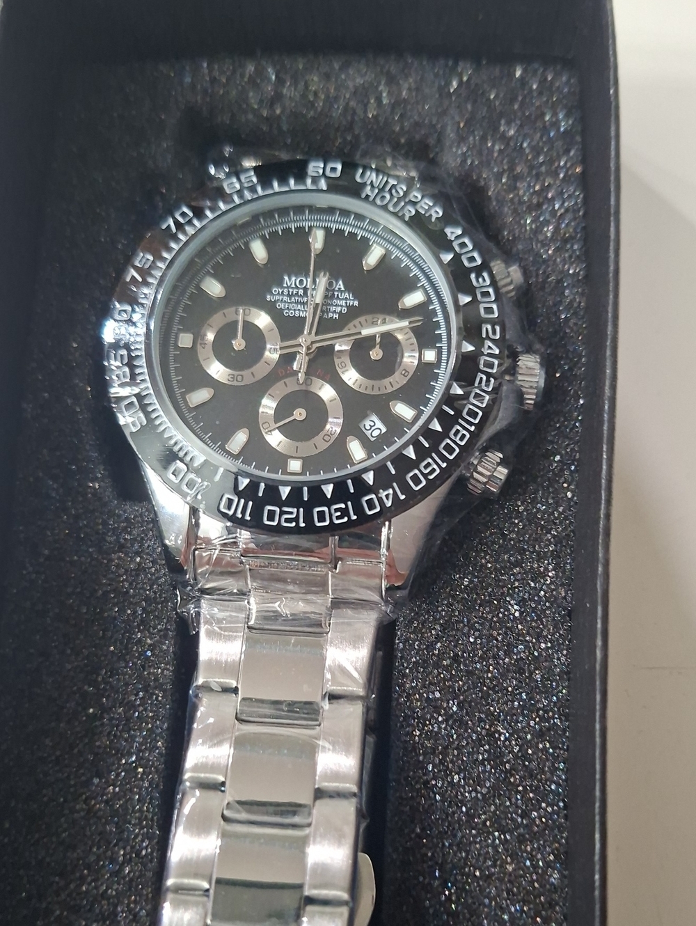 Men’s Silver Stainless Chronograph Watch with Black Dial